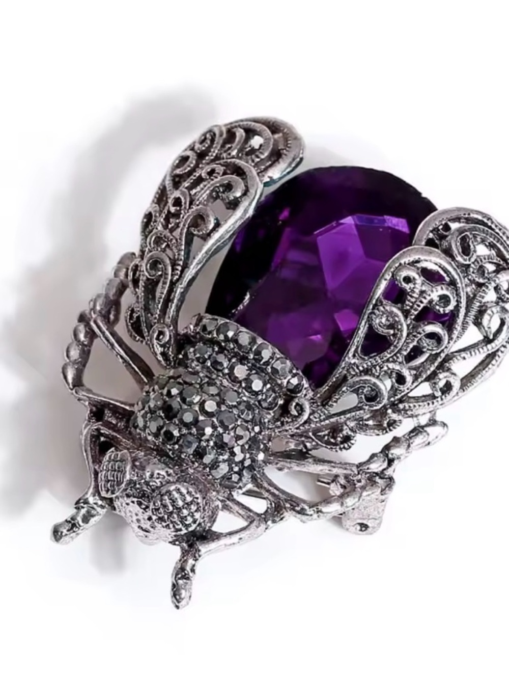 Silver-Tone Bee Brooch with Purple Gemstone